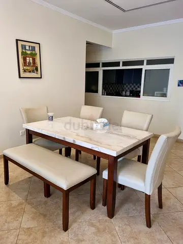 Dining table set with marble top, 4 chairs and bench