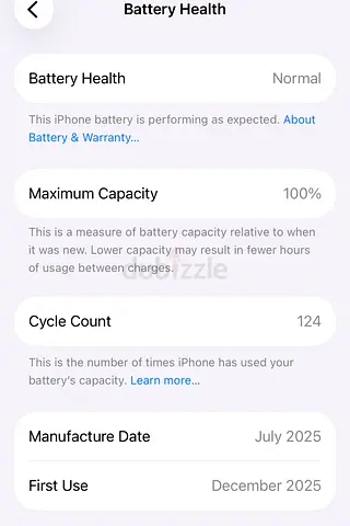 Battery Health: 100%
* Cycle Count: 124
* Condition: Like New
* No scratches or issues
* Face ID
