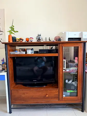 Wooden TV Stand with Glass Cabinet - Solid Condition