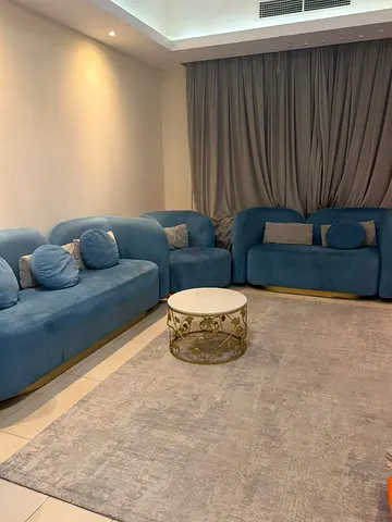 Blue Velvet Sofa Set - 3 Seater + 2 Seater, Good Condition