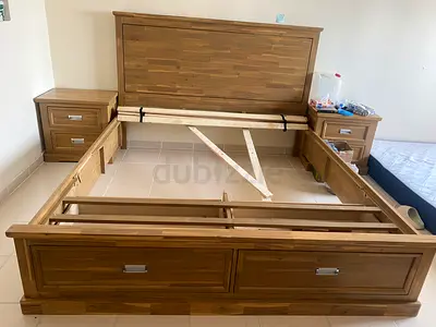 Solid wood queen bed frame with storage and matching nightstands, usend for 3 months