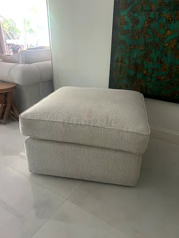 Light grey fabric sofa and  ottoman / footstool in good condition. Newly upholstered.