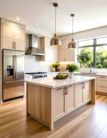 Modern kitchen island with built-in cabinets — light wood finish