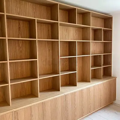 Large Custom Oak Wall Bookcase with Lower Cupboards