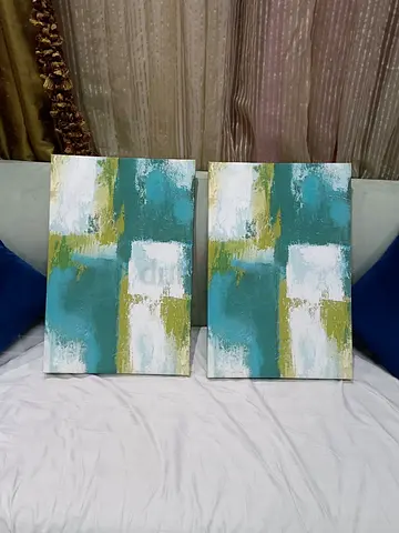 Pair of Abstract Canvas Paintings in Teal and Green