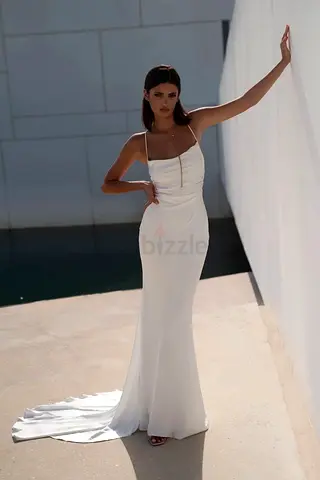 Elegant White Spaghetti-Strap Bridal Gown with Train
