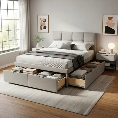 Modern Upholstered Bed with Underbed Storage Drawers
