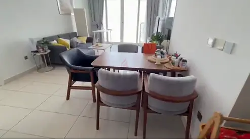 Solid wood dining table with 5 upholstered chairs - good condition