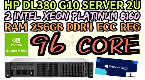 96 CORE 2 INTEL XEON PLATINUM 8160 HP DL380 G10 SERVER 2U RAM 256GB DDR4 NVIDIA QUDRO M4000 8GB DDR5