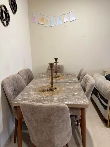 6-Seater Marble Top Dining Table with Upholstered Chairs