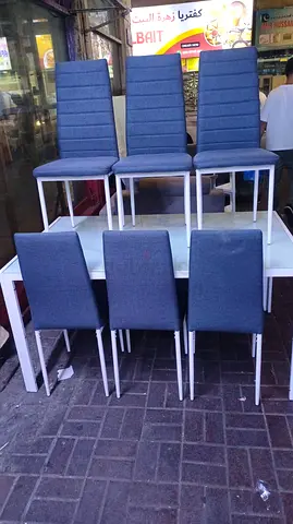 Set of 6 Grey Fabric Dining Chairs with White Legs - Good Condition