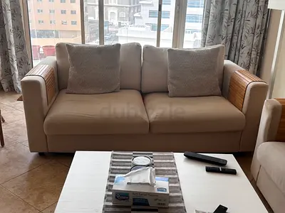 Beige 2-Seater Sofa bed with Wooden Arm Insets