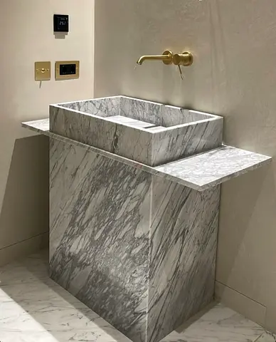 Custom Marble Look Bathroom Wash Basin Counter with Open Shelf – Elegant Vanity Design