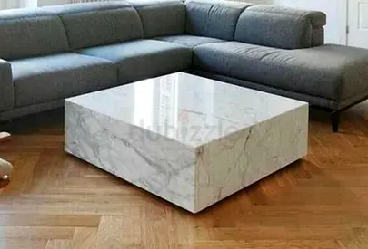 Custom Made Modern Center Table with Stone Look Surface and Wooden Bridge Accent