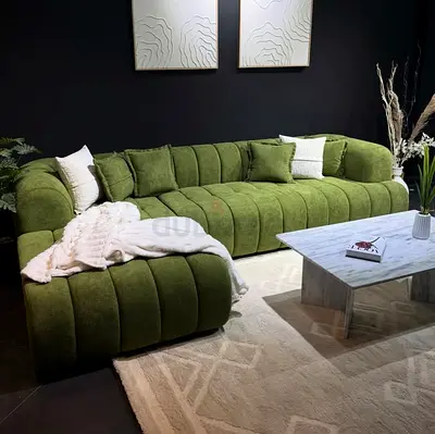 Modern Olive Green Ribbed Sectional Sofa