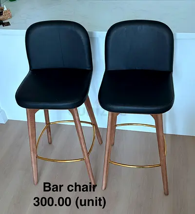 Black Leather Bar Stools with Wooden Legs and Gold Footrest