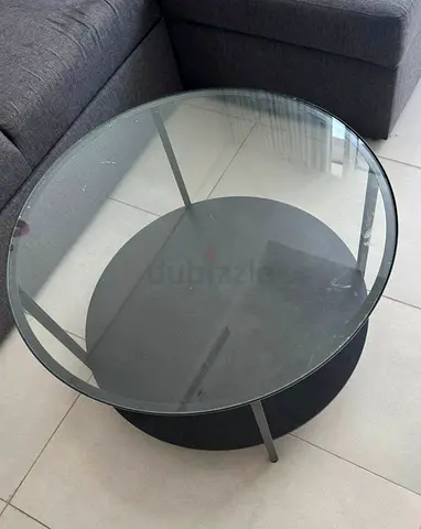 Round Glass Top Coffee Table with Black Base