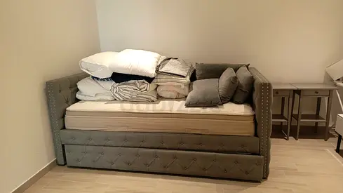 Luxury Grey Upholstered Day Bed with Pull-Out Bed + Mattresses | 10/10 Condition