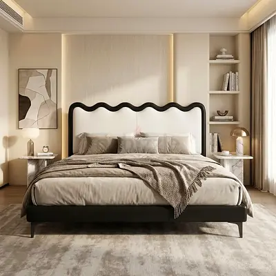 Modern Bed with Wavy Headboard Design