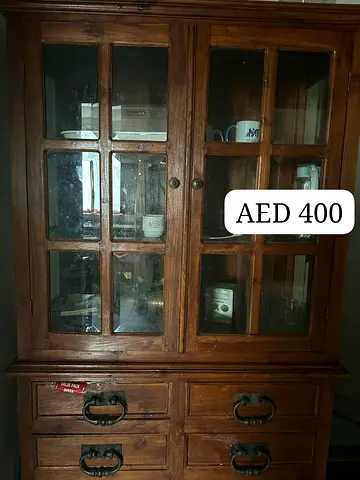 Wooden Display Cabinet with Glass Doors and Storage Drawers