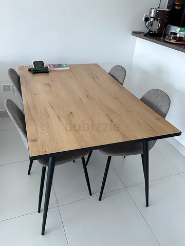 Relocation Sale . Solid Oak-Effect Dining Table with 4 Fabric Chairs - Modern Set