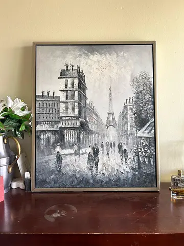 Framed Black  White Cityscape Painting (Paris-style)