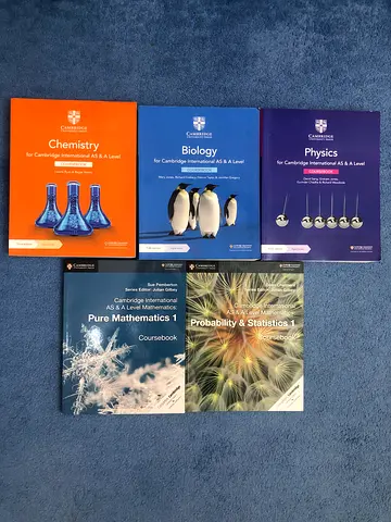 Cambridge A Level Textbooks for Chemistry, Physics. Biology, Pure Maths 1 and Statistics 1