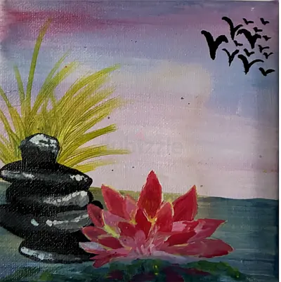 Hand-painted Lotus  Stones Canvas Artwork — Small Decorative Painting