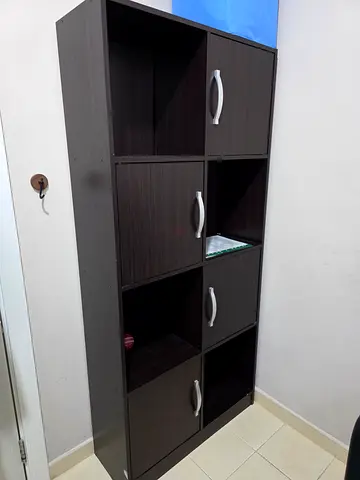 Dark brown 8-cube storage cabinet with doors — good condition