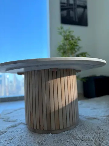 Round marble Coffee Table with Slatted Drum Base