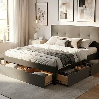 Modern Upholstered Bed Frame with Underbed Storage Drawers