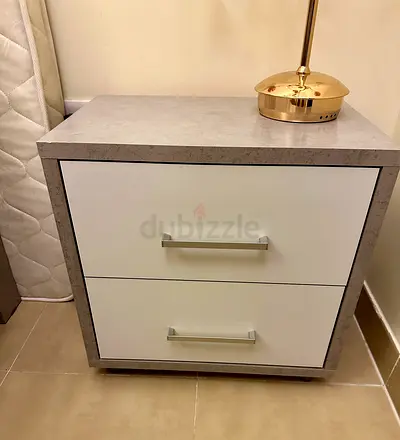 Queen size bed frame 160*200 cm and two side table - grey and white