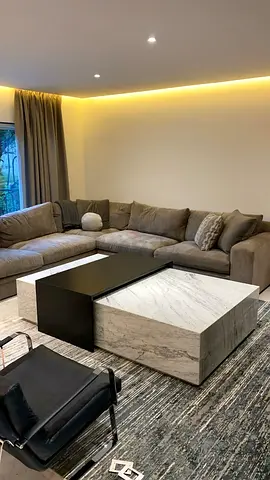 Custom Luxury Marble Coffee Table with Modern Layered Wood Accent Design