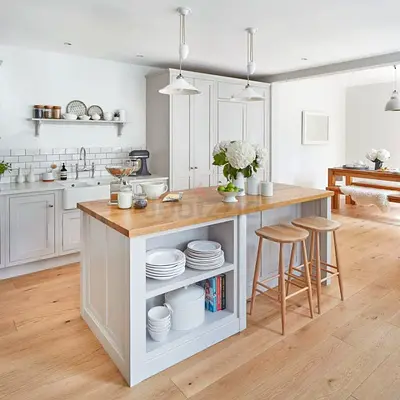 Solid Wood Kitchen Island with Open Shelving and Breakfast Bar