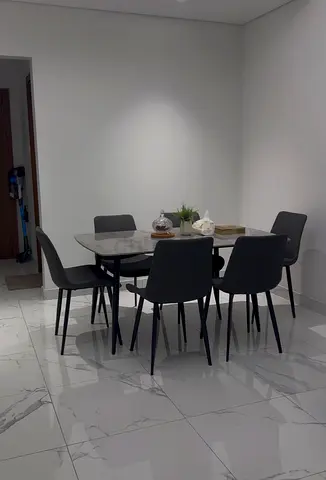 6-Seater Marble Top Dining Table with Grey Leather Chairs