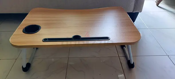 Portable folding laptop table with cup holder and tablet slot