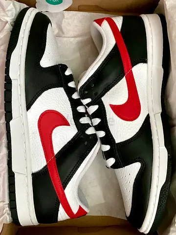 Nike Dunk Low sneaker — black, white  red, Size 8US
