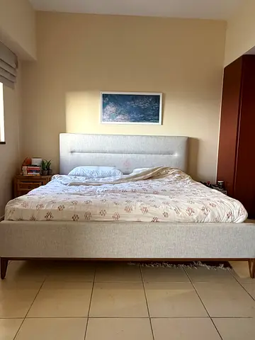 WEST ELM Super King / California King,  fabric upholstered bed frame with headboard - light grey