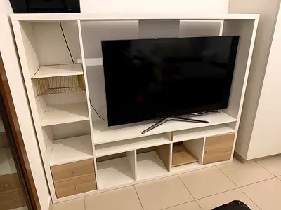 Modern White Entertainment Center with Storage Cabinets, TV is not included
