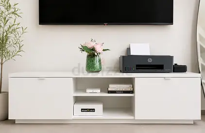 White Low TV Cabinet / Entertainment Unit - Modern, Good Condition