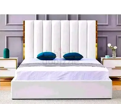 Brand New White Upholstered Queen Size Bed with High Padded Headboard and Mattress