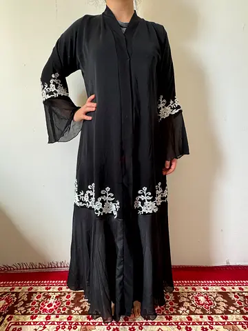 2 Black Abaya with White Embroidery, Size Around M/L — Gently Used