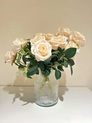 Artificial White Rose Bouquet in Textured Glass Vase — Ready to Display