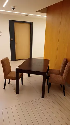 Dark Wood Dining Table with 4 Upholstered Chairs - Good Condition
