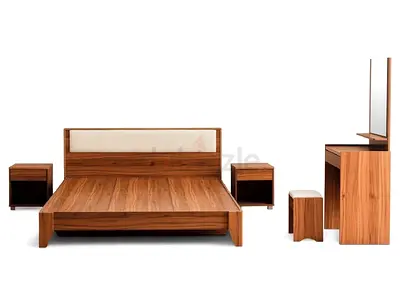 Solid Wood Queen Bed Frame with Matching Nightstands and Dressing Table - Walnut Finish