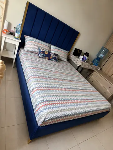 Blue Upholstered Bed Frame with Headboard - double .