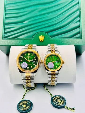 Pair of Rolex-style Two-Tone Green Dial Watches (His  Hers)