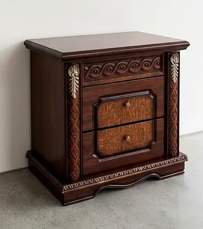 Solid Wood Ornate Nightstand with Two Drawers - Dark Brown