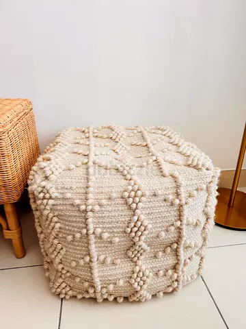 Handwoven Cream Pouf Ottoman - Textured Floor Seat