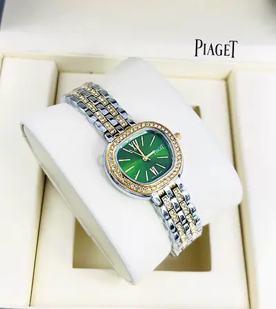 Piaget two-tone ladies wristwatch with green dial and diamond bezel